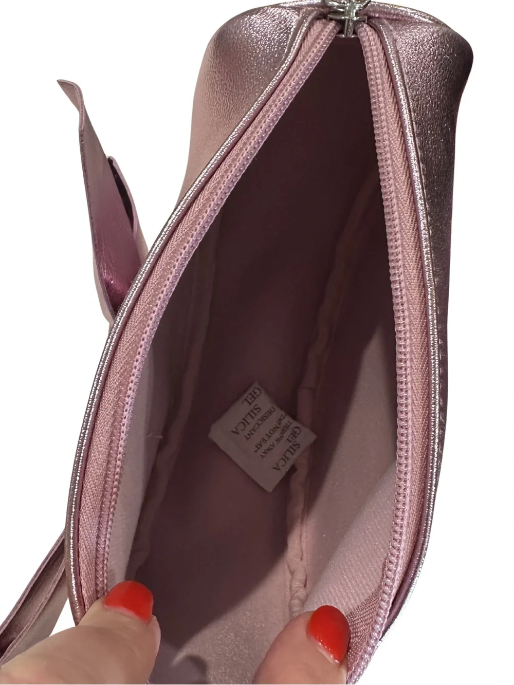 Bath & Body Works Metallic Pink Bow Zipper Wristlet Makeup Cosmetic Bag Purse